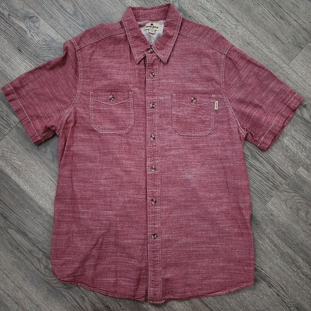 Woolrich Lost Lake Chambray Short Sleeve Shirt in Pink Men's Large L Cotton EUC